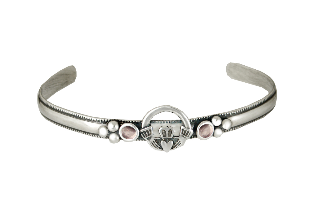 Sterling Silver Claddagh Cuff Bracelet With Rose Quartz